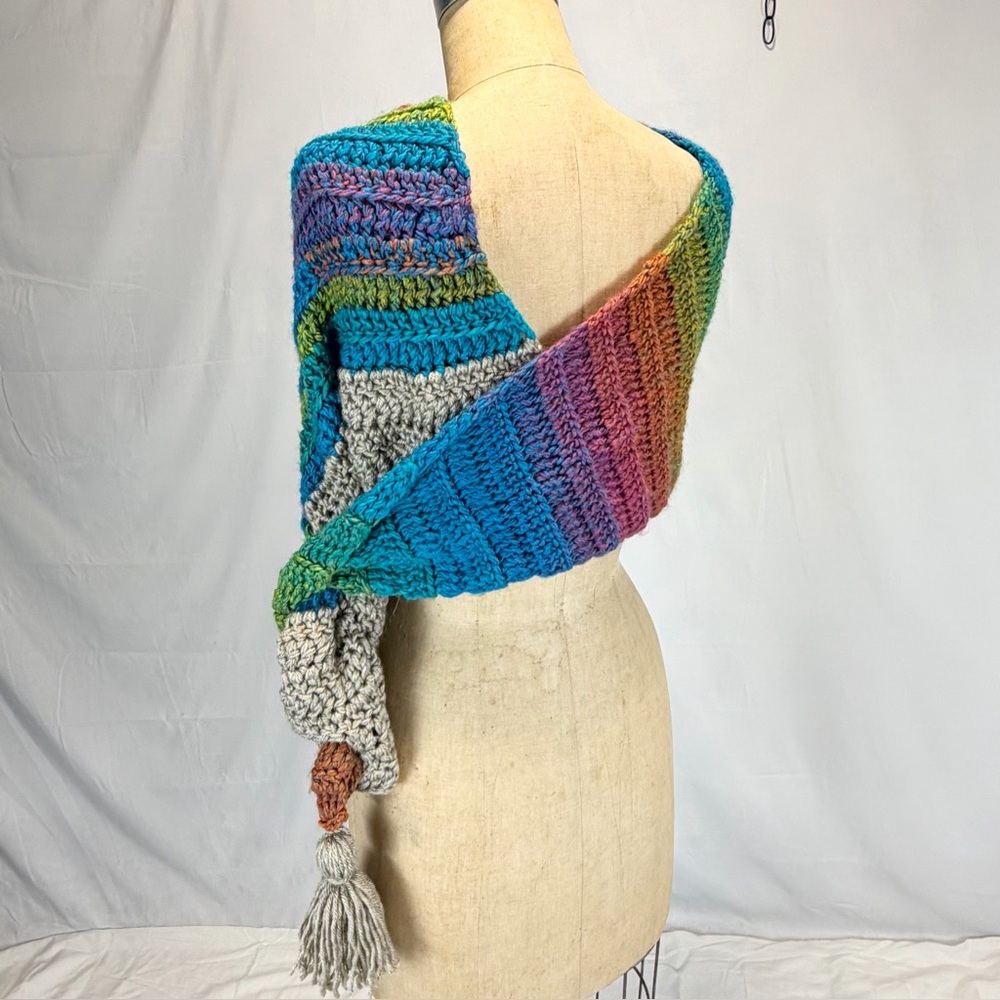 Rainbow gathered scrunch lace crochet scarf wrap tassel handmade pixie festival - Picture 7 of 10